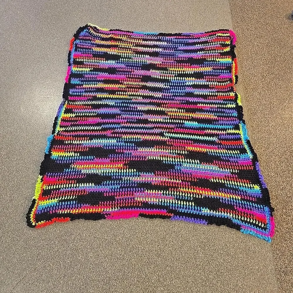Handmade Afghan Neon Stripe Boho 80's‎ Crochet Blanket, 55
